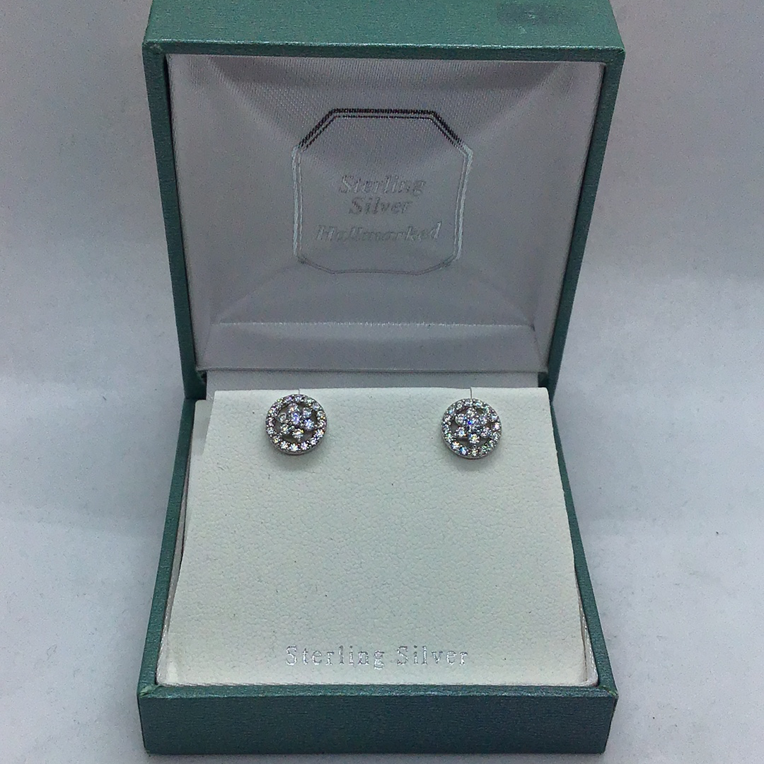 Sterling Silver Cubic Zirconia Stone Cluster Earrings.