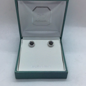 Sterling Silver Black and Cubic Zirconia Stone Stud Earrings.