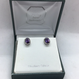 Sterling Silver CZ and Amythist coloured Cluster Earrings