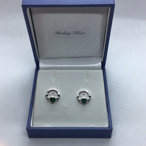 Sterling Silver Claddagh green stone Stud Earrings