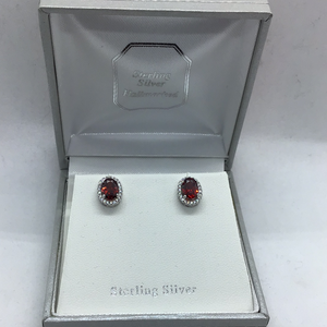 Sterling Silver CZ and Garnet coloured Oval Cluster Earrings