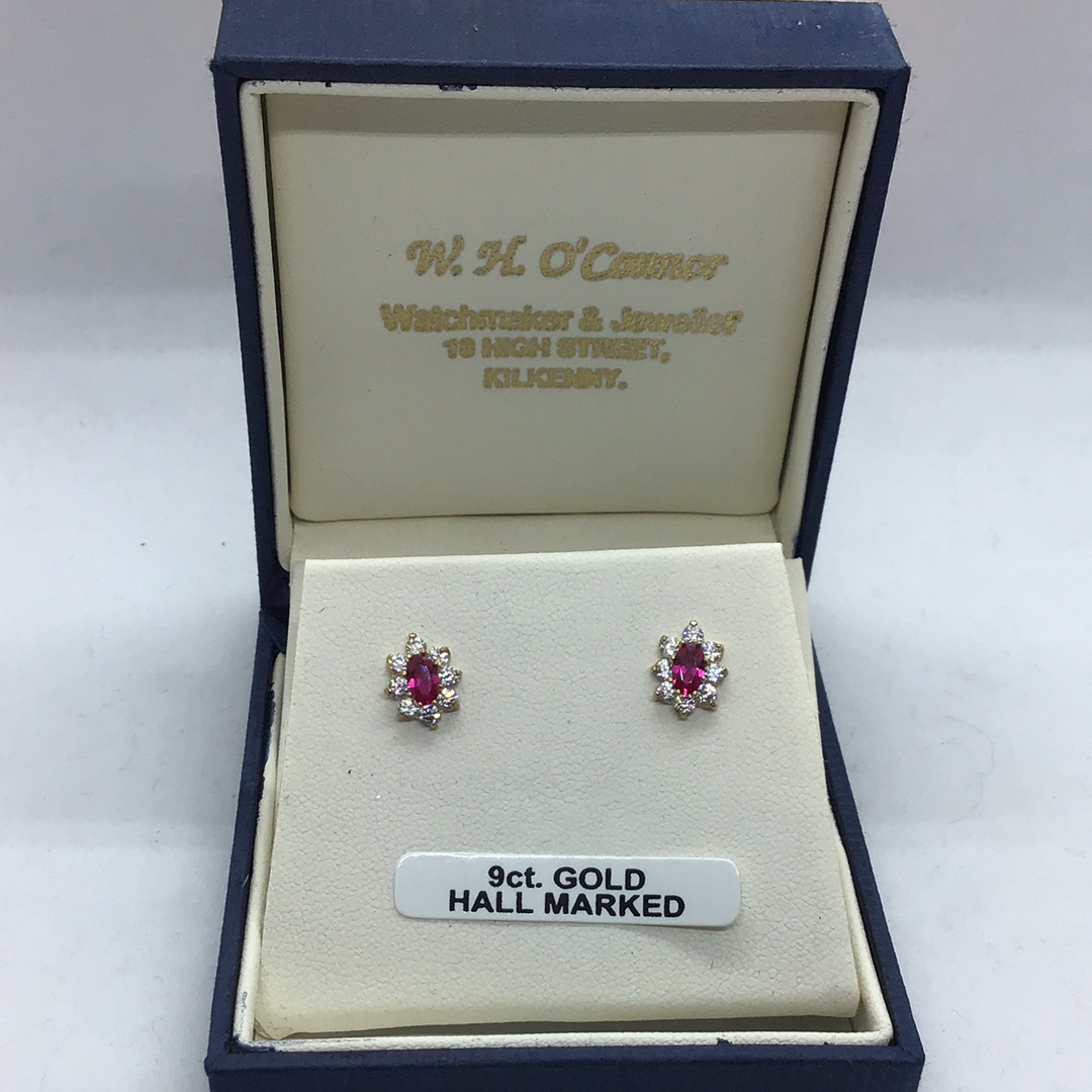9ct Gold Ruby Red Cluster Earrings