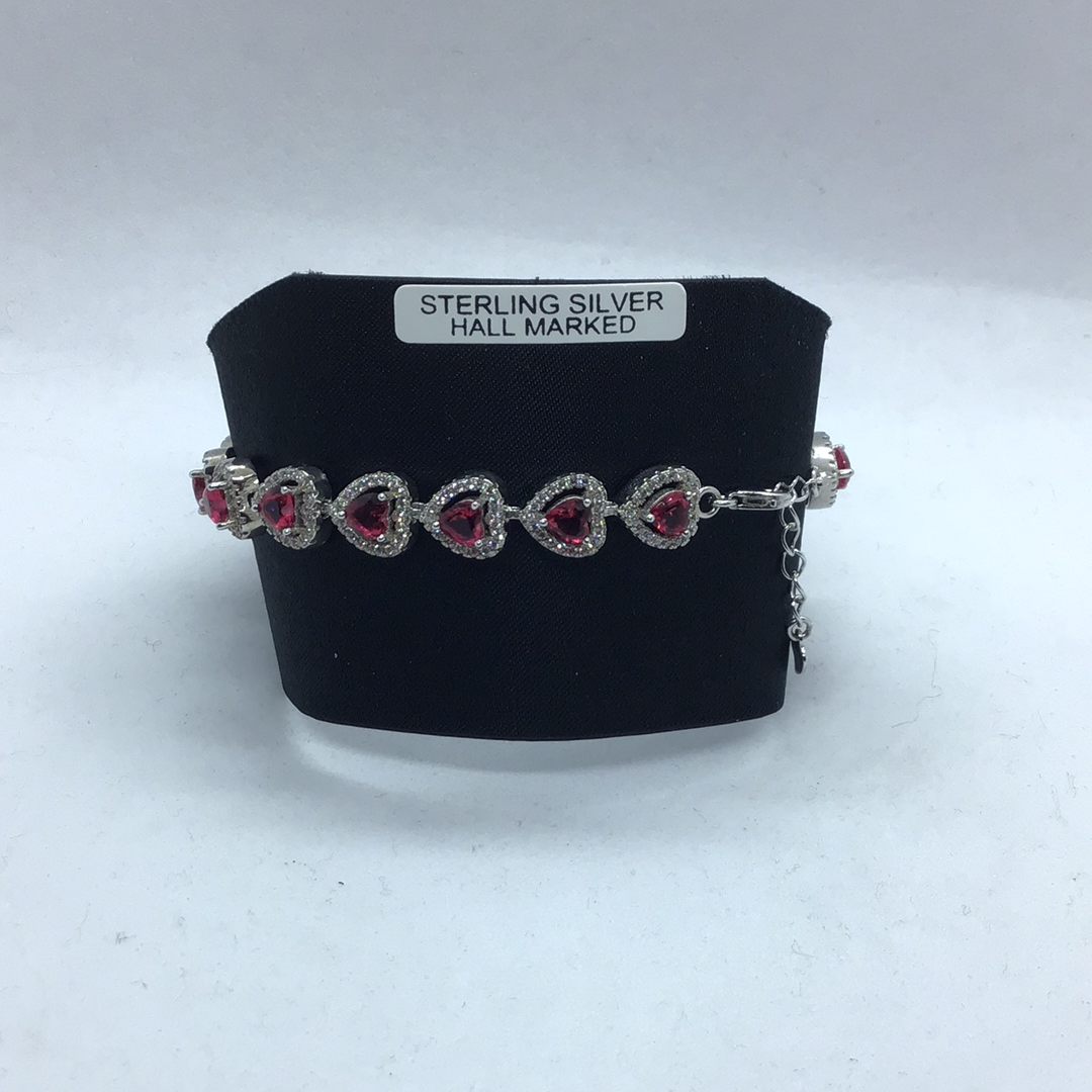 Sterling Silver Ruby Red Heart link Bracelet.
